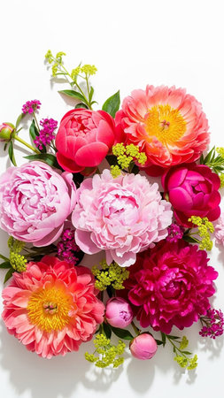 A vibrant overhead flat lay of pink and coral peonies with smaller purple flowers and green foliage on a white background.の素材