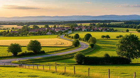 A picturesque rural landscape at sunset with a winding road through lush green fields leading to a charming village nestled in rolling hills.の素材