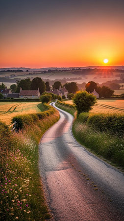 A picturesque countryside road winds through golden fields and a small hamlet at sunset, illuminated by warm orange light and soft atmospheric hues.の素材