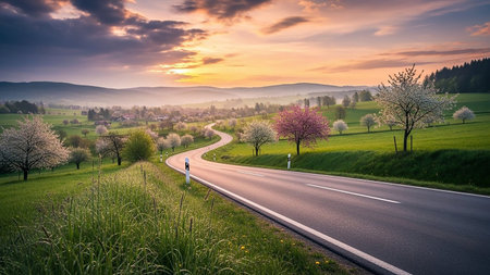 A winding asphalt road curves through lush green hills dotted with blooming trees under a dramatic sunset sky filled with clouds and golden light.の素材