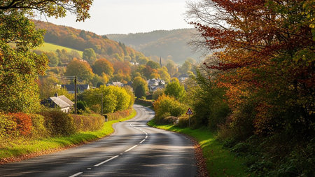 Vegetation showing winding asphalt road through a vibrant autumn village nestled in rolling hills with colorful foliage and trees under a clear sky keywords: road,...の素材