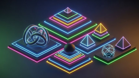Stock showing 3d geometric shapes with neon outline lighting in blue, pink, and yellow on a dark gradient background. resolution use.の素材