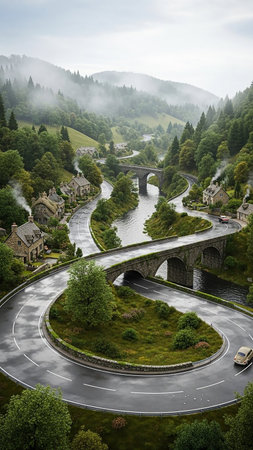 A winding road snakes through a verdant valley dotted with stone bridges and charming cottages, with misty hills in the background and a river flowing through.の素材