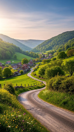 A winding dirt road leads through a vibrant green valley towards a small village nestled among rolling, tree-covered hills under a soft, hazy sky.の素材