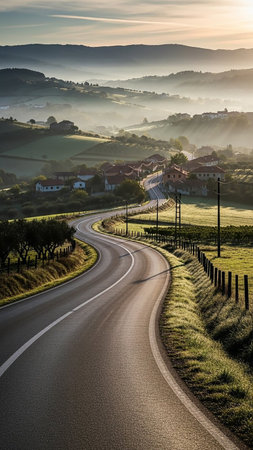 Journey showing scenic winding road through a misty green valley with rolling hills and traditional european village at sunrise keywords: winding road, green...の素材