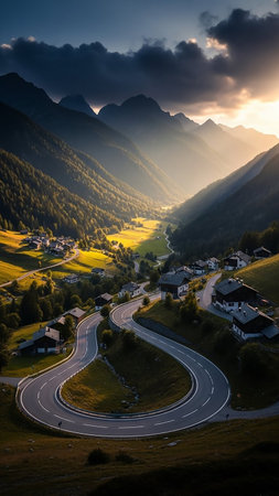 A winding mountain road descends into a sunlit valley dotted with a village and surrounded by dark, forested slopes under a dramatic sky.の素材