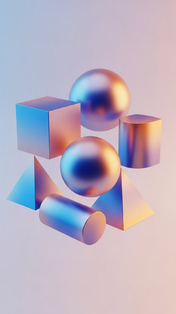 showing a collection of metallic geometric shapes including spheres cubes pyramids and cylinders rendered with a gradient of blue and orange light on a soft...の素材