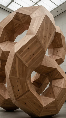A large, intricate abstract sculpture composed of geometric wooden segments forming interconnected toroidal shapes. The faceted surfaces and natural wood texture...の素材