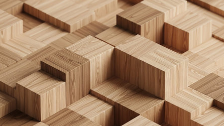 A detailed close-up of light brown wooden blocks arranged in a staggered geometric pattern, highlighting the natural wood grain and texture.の素材