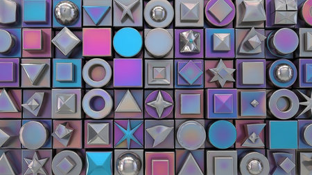 A dense arrangement of metallic 3D geometric shapes in purple blue and silver tones creates an iridescent, futuristic, and abstract background texture.の素材