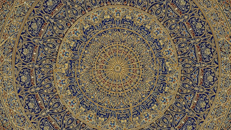 With showing a highly detailed, circular mandala pattern with intricate golden filigree and small blue and red accents set against a deep navy blue background,...の素材