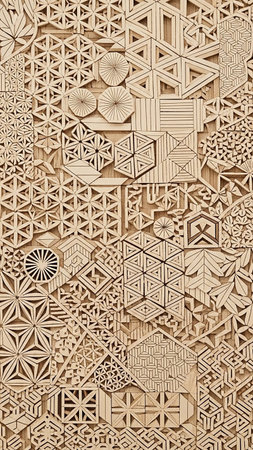 Folk showing a dense arrangement of intricately carved wooden geometric shapes and patterns, including triangles, hexagons, and circles, creating a textured,...の素材