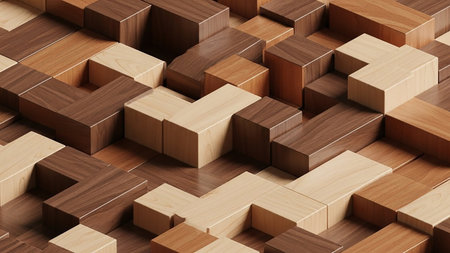 Geometric showing a detailed close-up perspective of a three-dimensional geometric arrangement of wooden blocks in varying shades of light and dark brown and...の素材