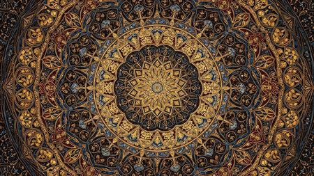A highly detailed, symmetrical mandala pattern featuring intricate gold, deep blue, and dark brown floral and geometric motifs, creating a rich visual texture.の素材
