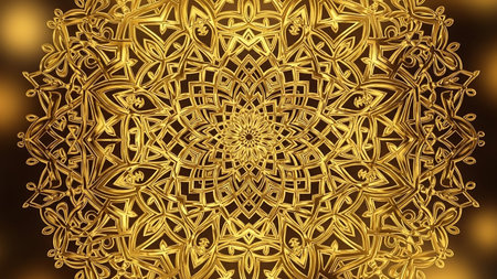 A bright golden mandala with a complex geometric lattice and a luminous metallic sheen, creating an intricate and radiant abstract background.の素材