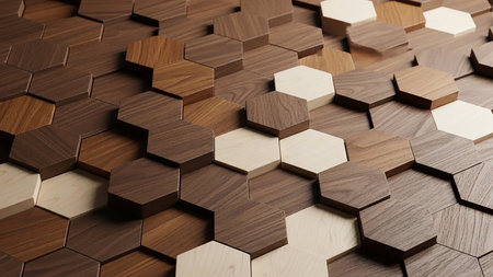Shadow showing a textured mosaic of hexagonal wooden tiles in varying shades of brown and light beige creating a geometric pattern with depth and shadow keywords:...の素材