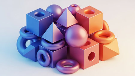 A jumbled collection of 3D geometric shapes in blue, purple, and orange, including cubes, spheres, pyramids, and tori, illuminated by soft light.の素材