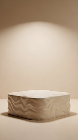 A smooth, light beige rectangular podium with subtle wavy textures on its sides casts a soft shadow against a muted, warm beige background with a gradient spotlight...の素材