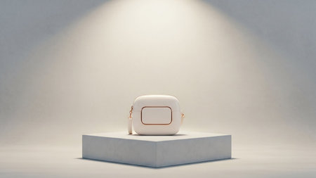 A white earbud case with rose gold trim sits on a grey pedestal, illuminated by a soft spotlight against a neutral background.の素材