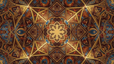 Ornamental showing a vibrant and complex symmetrical mandala-like geometric pattern with intricate golden outlines and rich jewel tones of blue red and brown...の素材