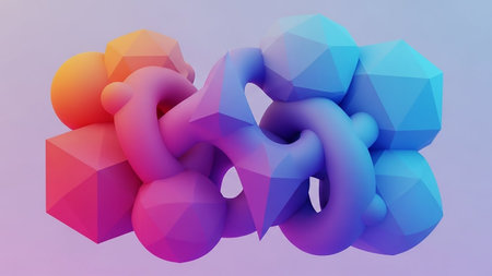 Organic showing abstract 3d rendered sculpture with interlocking smooth torus shapes and geometric polyhedra in gradient colors keywords: abstract, 3d, render,...の素材