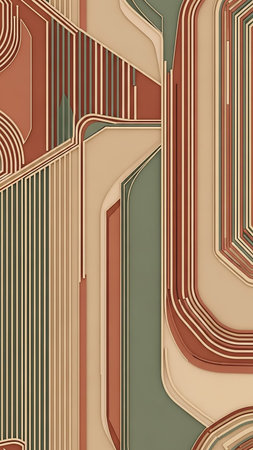 Architectural showing abstract 3d rendering of layered geometric shapes and flowing lines in a retro color palette of muted reds beige and green creating a sense...の素材