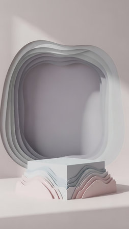 A 3D rendered abstract stage with layered wavy forms in soft pastel colors, featuring a light grey podium and dramatic shadows.の素材
