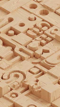Blocks showing abstract 3d wooden blocks with carved geometric shapes and letters creating a tactile architectural landscape. resolutionの素材