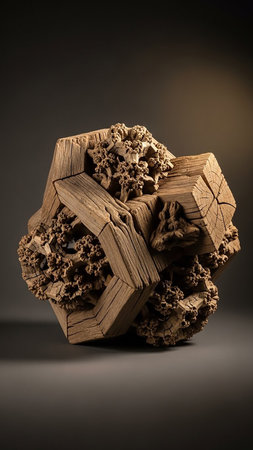 An abstract geometric sculpture crafted from weathered wooden beams and rough natural textured set against a dark gradient background.の素材