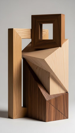 Angles showing abstract geometric sculpture composed of interlocking wooden blocks with contrasting wood grains and sharp angles creating visual depth and interest...の素材