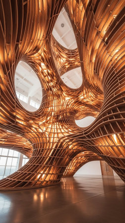 An abstract interior space with flowing, intertwined wooden ribs forming organic sculptural shapes, illuminated by natural light filtering through openings.の素材