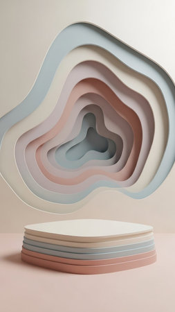 Organic, layered shapes in pastel tones of pink, beige, blue, and grey create a cascading effect above a stacked, multi-layered podium base.の素材