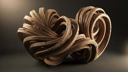 An abstract sculpture of twisted wooden ribbons forming a complex, intertwined knot with a natural wood grain texture under soft lighting.の素材