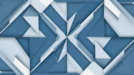 Geometric showing abstract geometric composition of overlapping planes and sharp angles in shades of blue and white, creating a dynamic and layered three-dimensional...の素材