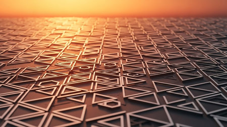 An abstract geometric landscape composed of interconnected metallic triangles and hexagons reflecting a warm orange sunset glow across a textured surface.の素材
