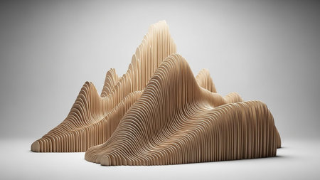 Abstract wooden sculpture with layered, undulating forms creating a landscape of peaks and valleys. Neutral gradient background with soft lighting.の素材