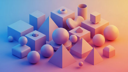 Stock showing assortment of 3d geometric shapes including cubes spheres pyramids and cylinders in pastel pink and blue tones. resolutionの素材