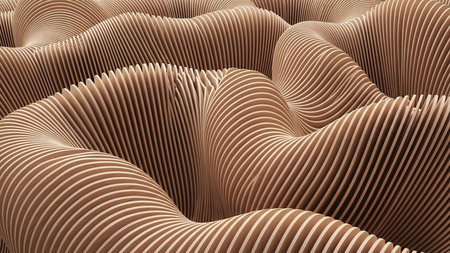 An abstract, undulating organic surface formed from stacked thin light brown wooden slats, displaying a ribbed texture and flowing, wave-like lines.の素材