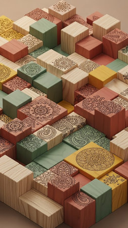Blocks showing arrangement of wooden blocks with intricate paisley and mandala stamp in pastel and earthy tones. resolution use.の素材