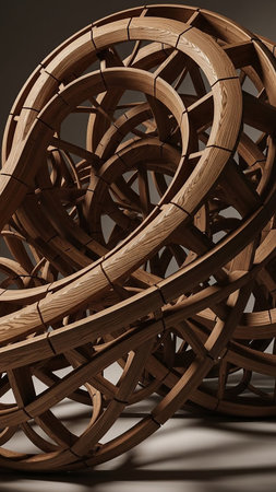 Shot showing abstract sculpture made of curved wooden beams forming a complex swirling interconnected structure with visible wood grain and shadow play creating a...の素材