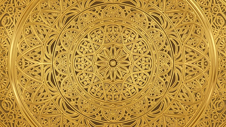 A close-up view of an ornate golden metallic mandala pattern with intricate geometric interlace and Celtic knot influences, creating a rich texture.の素材