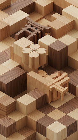 Blocks showing arrangement of natural wood blocks and cubes in various tones with japanese cultural symbols including a torii gate and cherry blossom flower...の素材