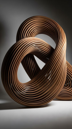 An abstract sculpture made of smooth, intertwined wooden ribbons forming a flowing, mobius strip-like shape under soft studio lighting.の素材