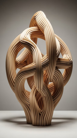 A dynamic abstract sculpture formed from intertwined wooden ribbons, showcasing natural wood grain and smooth curves.の素材