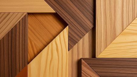An intricate geometric mosaic of diverse wood grains and colors, showcasing diagonal lines and sharp angles in a detailed close-up view.の素材