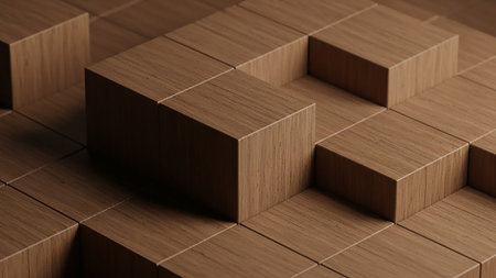 A close-up view of a geometric arrangement of wooden blocks with visible wood grain texture and subtle shadows creating depth.の素材
