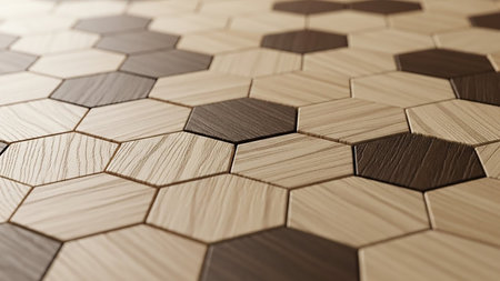 Dark showing close-up of a hexagonal wood floor pattern with light and dark wood grain textures. resolution use.の素材