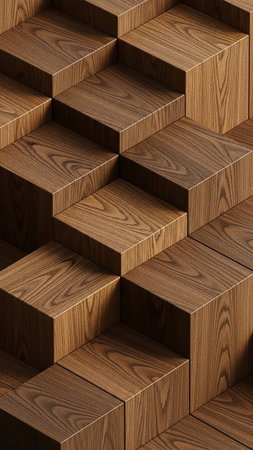 A detailed close-up of stacked wooden blocks forming a geometric staircase pattern with visible wood grain and warm brown tones.の素材