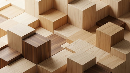 showing close-up view of a textured surface composed of interlocking wooden cubes in various shades of light and dark brown wood grain showing natural...の素材