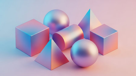 A collection of iridescent 3D geometric shapes including cubes, spheres, and pyramids with soft pastel gradient lighting. The colors blend from pink to blue.の素材